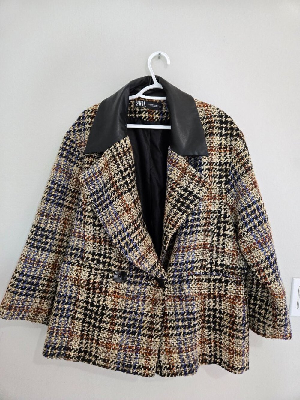 Zara Oversized Faux Leather Collar Tweed Check Blazer Coat XS
